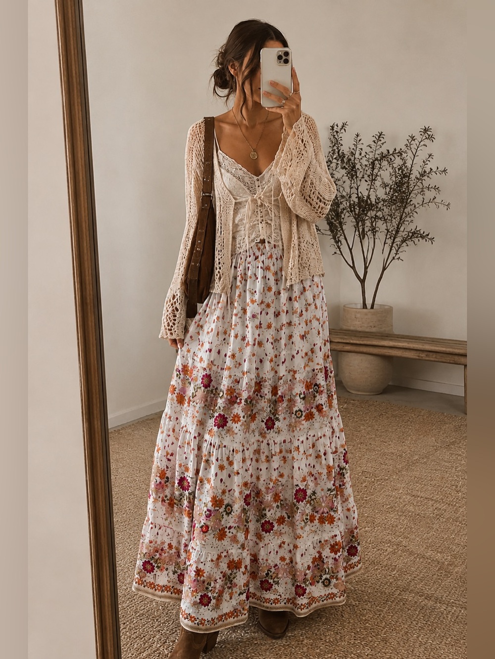 Max Studio White Tiered Maxi Skirt with Orange & Red Floral Print Size Small